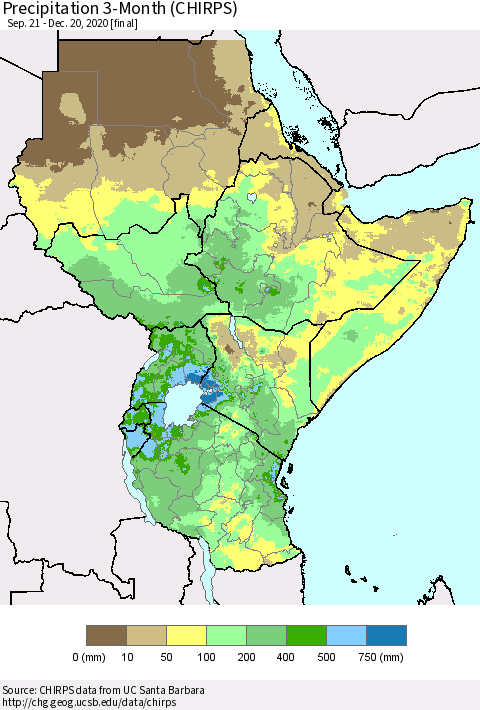 Eastern Africa Precipitation 3-Month (CHIRPS) Thematic Map For 9/21/2020 - 12/20/2020