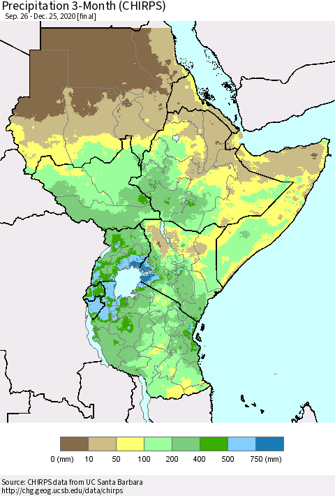 Eastern Africa Precipitation 3-Month (CHIRPS) Thematic Map For 9/26/2020 - 12/25/2020