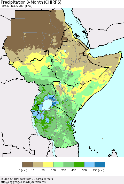 Eastern Africa Precipitation 3-Month (CHIRPS) Thematic Map For 10/6/2020 - 1/5/2021