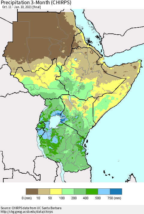 Eastern Africa Precipitation 3-Month (CHIRPS) Thematic Map For 10/11/2020 - 1/10/2021