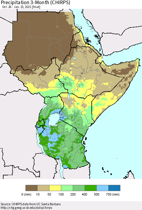 Eastern Africa Precipitation 3-Month (CHIRPS) Thematic Map For 10/26/2020 - 1/25/2021