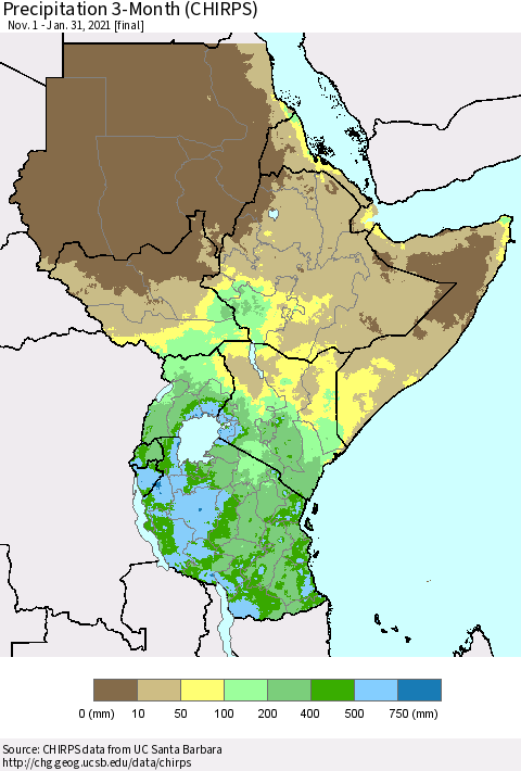 Eastern Africa Precipitation 3-Month (CHIRPS) Thematic Map For 11/1/2020 - 1/31/2021