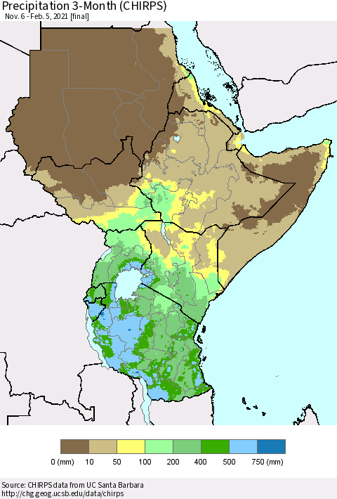 Eastern Africa Precipitation 3-Month (CHIRPS) Thematic Map For 11/6/2020 - 2/5/2021