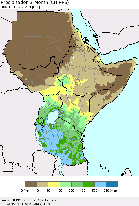 Eastern Africa Precipitation 3-Month (CHIRPS) Thematic Map For 11/11/2020 - 2/10/2021