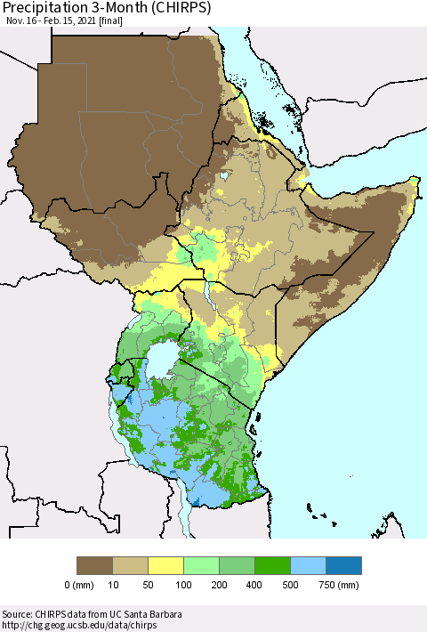 Eastern Africa Precipitation 3-Month (CHIRPS) Thematic Map For 11/16/2020 - 2/15/2021