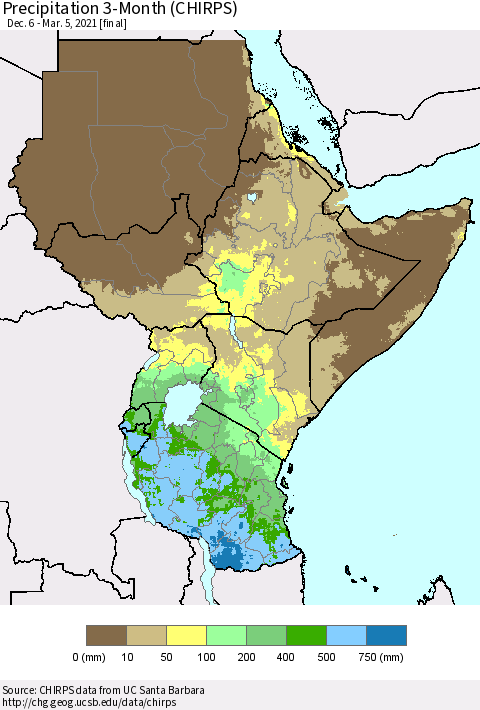 Eastern Africa Precipitation 3-Month (CHIRPS) Thematic Map For 12/6/2020 - 3/5/2021