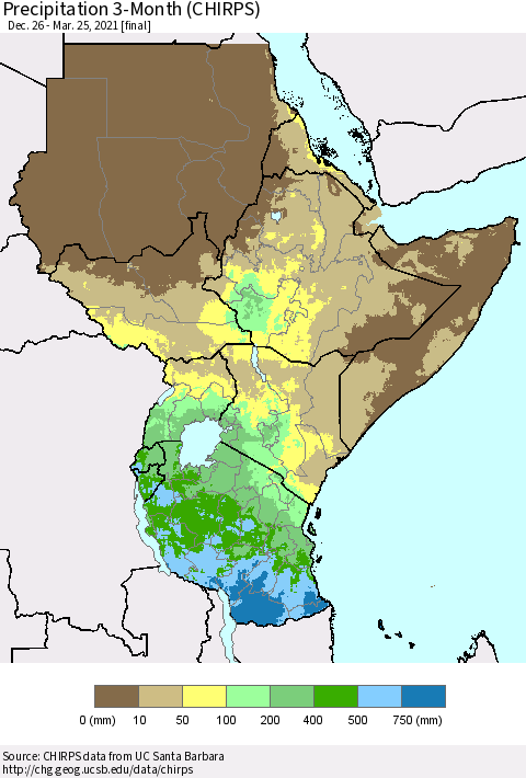 Eastern Africa Precipitation 3-Month (CHIRPS) Thematic Map For 12/26/2020 - 3/25/2021