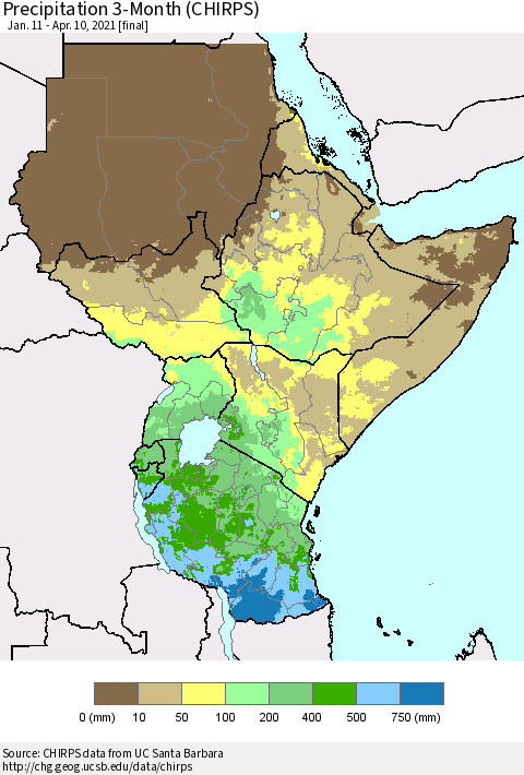 Eastern Africa Precipitation 3-Month (CHIRPS) Thematic Map For 1/11/2021 - 4/10/2021