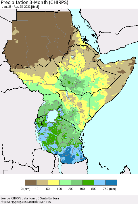 Eastern Africa Precipitation 3-Month (CHIRPS) Thematic Map For 1/26/2021 - 4/25/2021