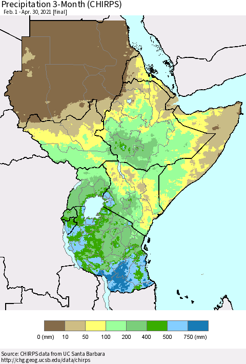 Eastern Africa Precipitation 3-Month (CHIRPS) Thematic Map For 2/1/2021 - 4/30/2021