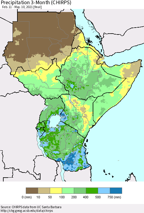 Eastern Africa Precipitation 3-Month (CHIRPS) Thematic Map For 2/11/2021 - 5/10/2021