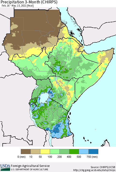 Eastern Africa Precipitation 3-Month (CHIRPS) Thematic Map For 2/16/2021 - 5/15/2021