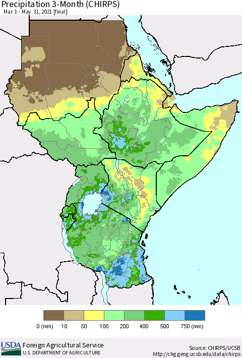 Eastern Africa Precipitation 3-Month (CHIRPS) Thematic Map For 3/1/2021 - 5/31/2021