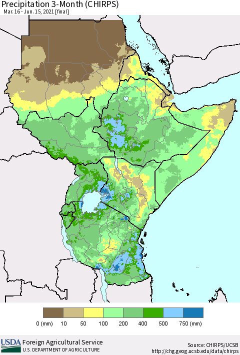 Eastern Africa Precipitation 3-Month (CHIRPS) Thematic Map For 3/16/2021 - 6/15/2021