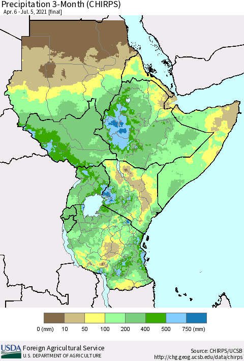 Eastern Africa Precipitation 3-Month (CHIRPS) Thematic Map For 4/6/2021 - 7/5/2021