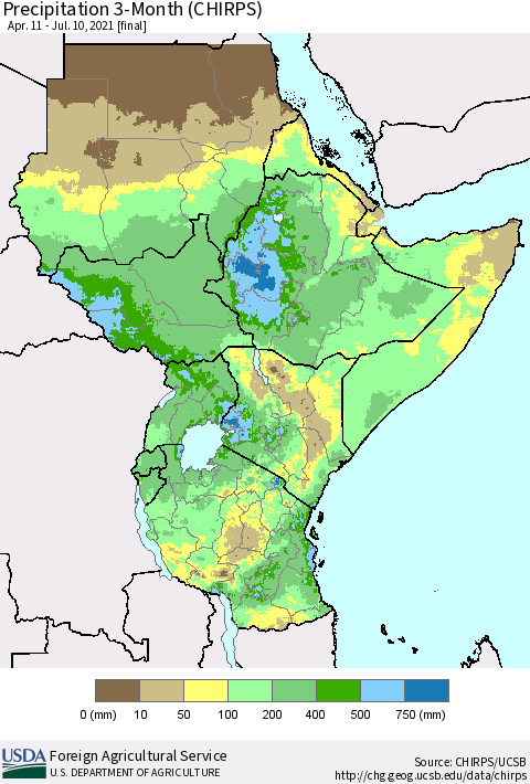 Eastern Africa Precipitation 3-Month (CHIRPS) Thematic Map For 4/11/2021 - 7/10/2021
