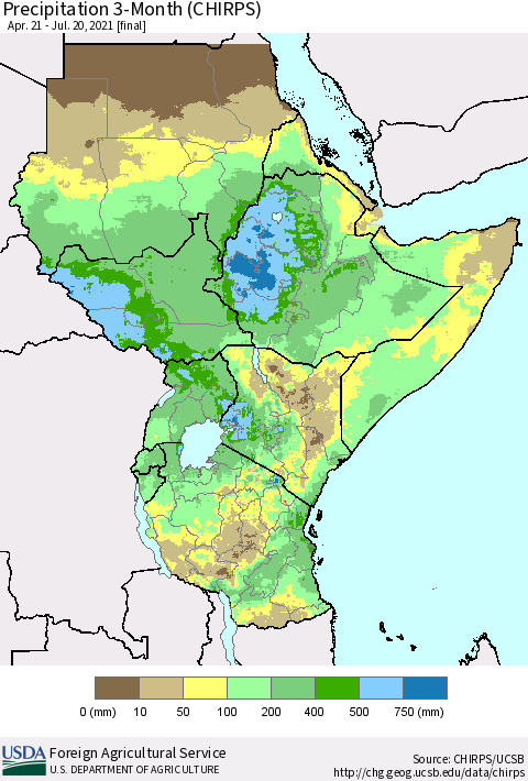 Eastern Africa Precipitation 3-Month (CHIRPS) Thematic Map For 4/21/2021 - 7/20/2021