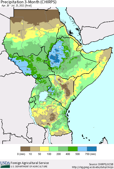 Eastern Africa Precipitation 3-Month (CHIRPS) Thematic Map For 4/26/2021 - 7/25/2021