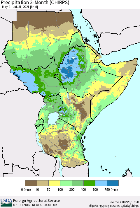 Eastern Africa Precipitation 3-Month (CHIRPS) Thematic Map For 5/1/2021 - 7/31/2021