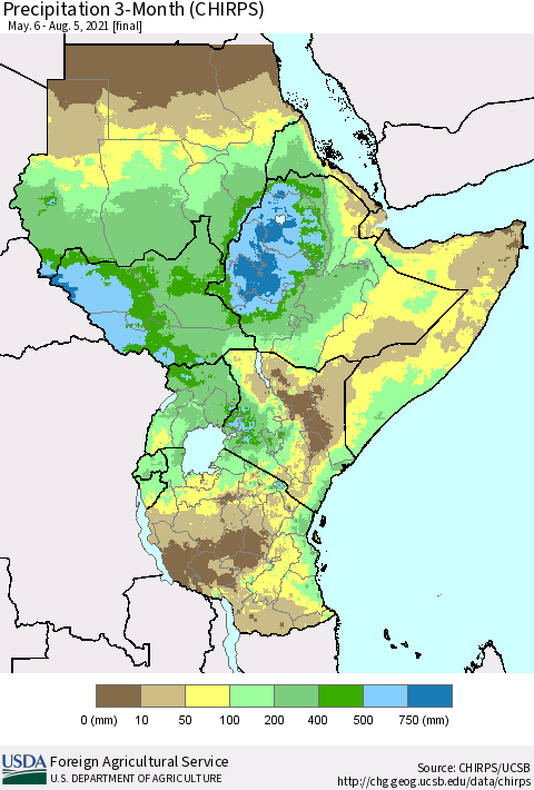 Eastern Africa Precipitation 3-Month (CHIRPS) Thematic Map For 5/6/2021 - 8/5/2021