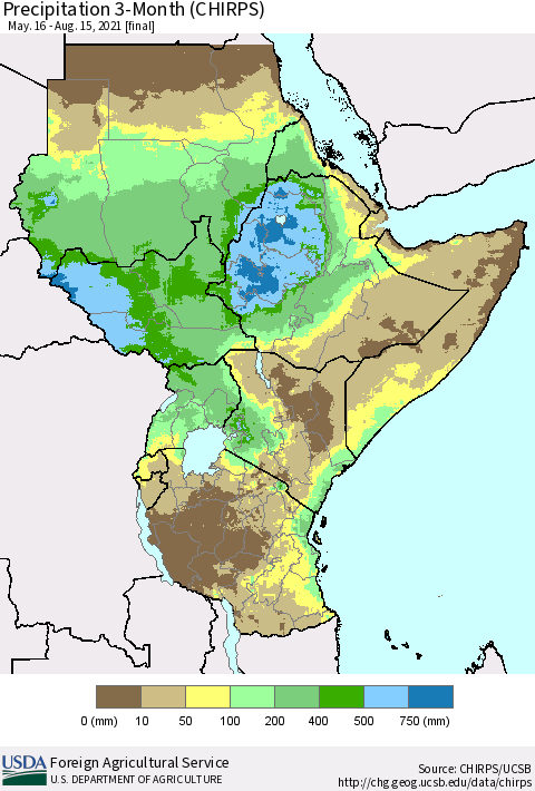 Eastern Africa Precipitation 3-Month (CHIRPS) Thematic Map For 5/16/2021 - 8/15/2021
