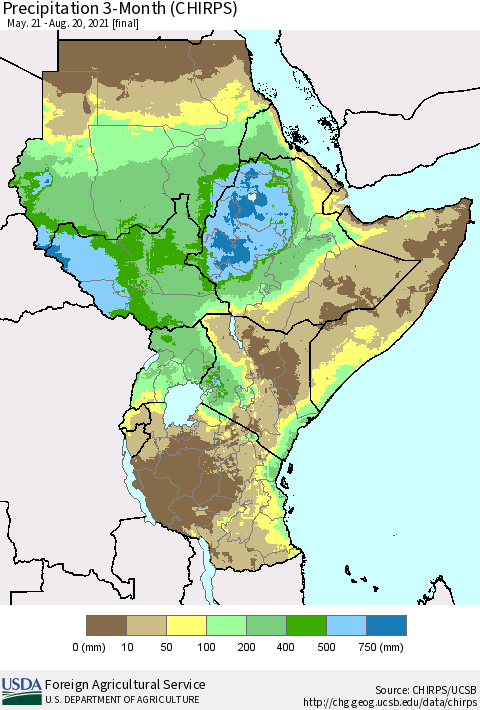 Eastern Africa Precipitation 3-Month (CHIRPS) Thematic Map For 5/21/2021 - 8/20/2021