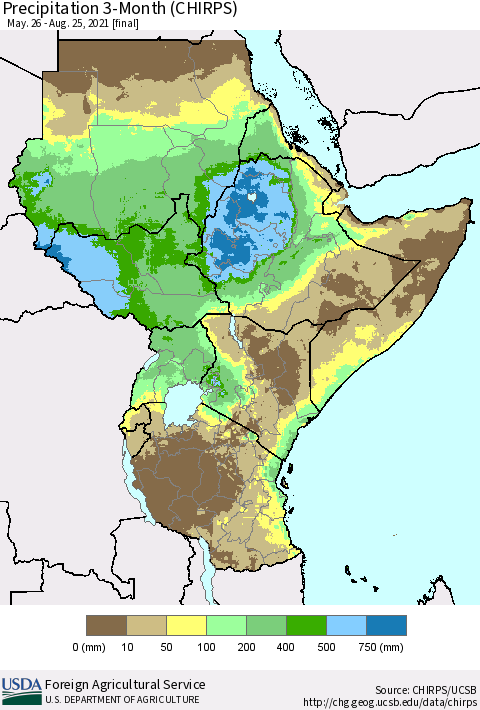 Eastern Africa Precipitation 3-Month (CHIRPS) Thematic Map For 5/26/2021 - 8/25/2021