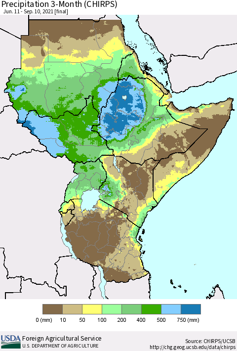Eastern Africa Precipitation 3-Month (CHIRPS) Thematic Map For 6/11/2021 - 9/10/2021