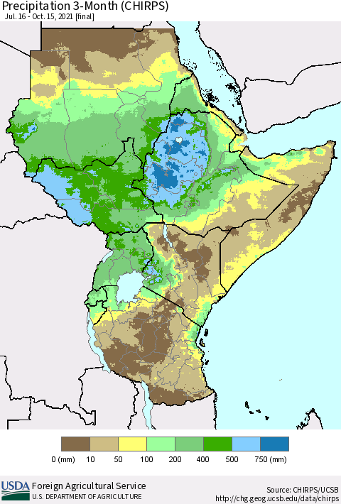 Eastern Africa Precipitation 3-Month (CHIRPS) Thematic Map For 7/16/2021 - 10/15/2021