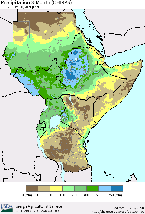 Eastern Africa Precipitation 3-Month (CHIRPS) Thematic Map For 7/21/2021 - 10/20/2021