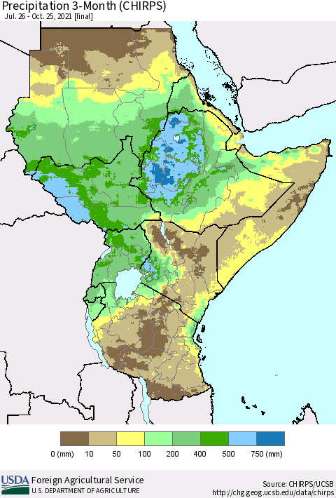 Eastern Africa Precipitation 3-Month (CHIRPS) Thematic Map For 7/26/2021 - 10/25/2021