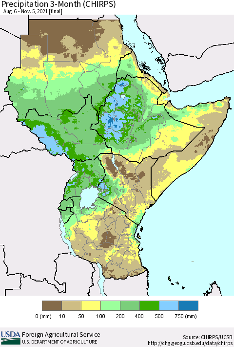 Eastern Africa Precipitation 3-Month (CHIRPS) Thematic Map For 8/6/2021 - 11/5/2021