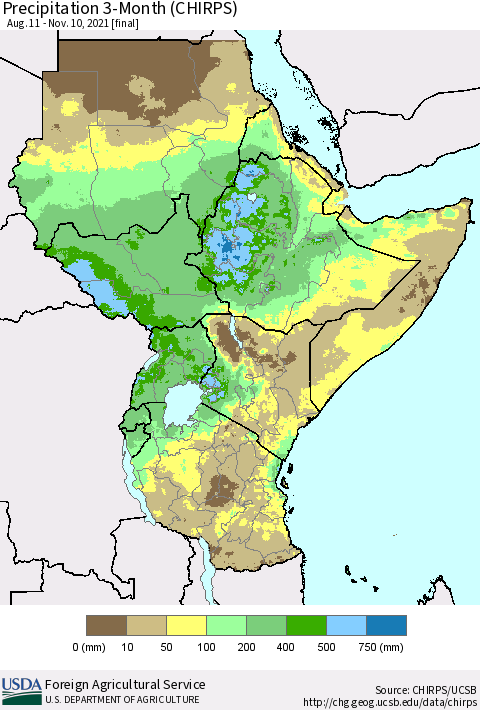 Eastern Africa Precipitation 3-Month (CHIRPS) Thematic Map For 8/11/2021 - 11/10/2021