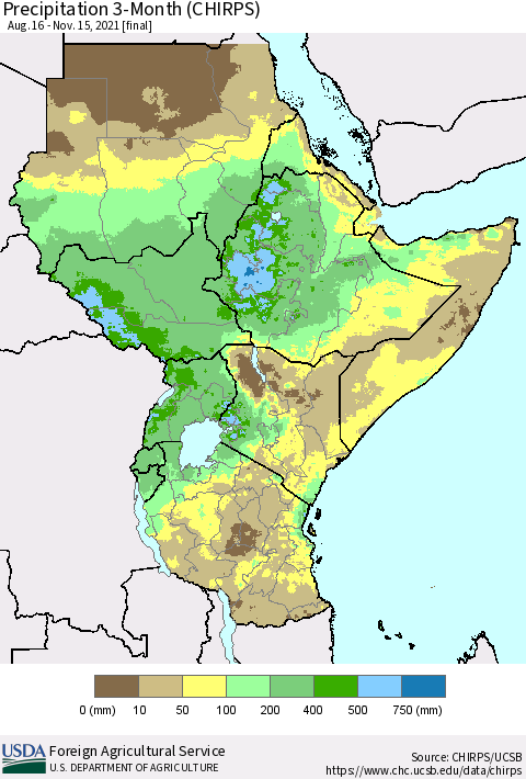 Eastern Africa Precipitation 3-Month (CHIRPS) Thematic Map For 8/16/2021 - 11/15/2021