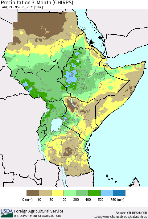 Eastern Africa Precipitation 3-Month (CHIRPS) Thematic Map For 8/21/2021 - 11/20/2021