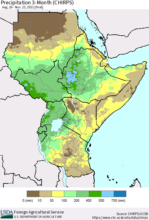 Eastern Africa Precipitation 3-Month (CHIRPS) Thematic Map For 8/26/2021 - 11/25/2021