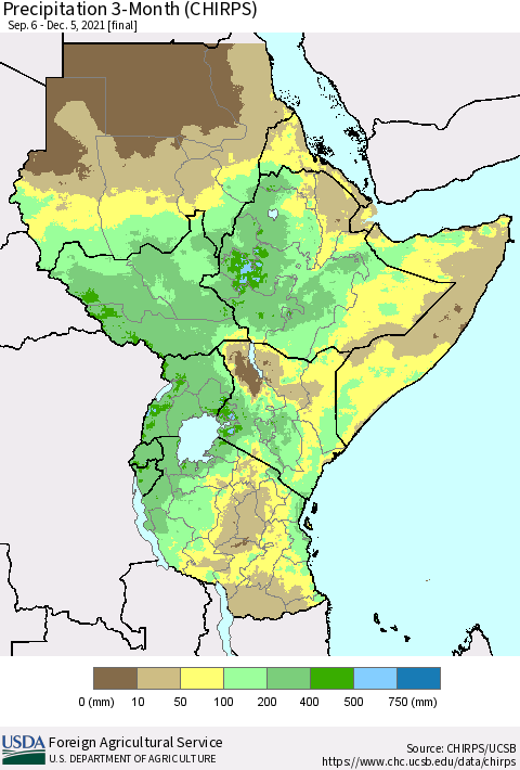 Eastern Africa Precipitation 3-Month (CHIRPS) Thematic Map For 9/6/2021 - 12/5/2021
