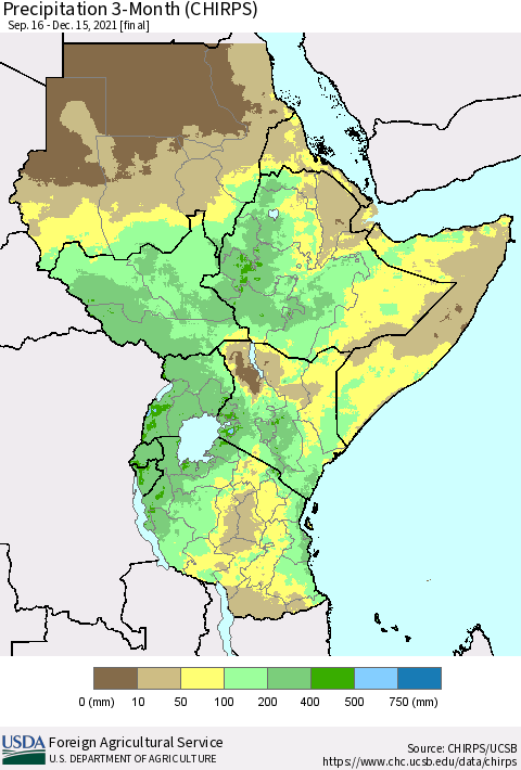 Eastern Africa Precipitation 3-Month (CHIRPS) Thematic Map For 9/16/2021 - 12/15/2021