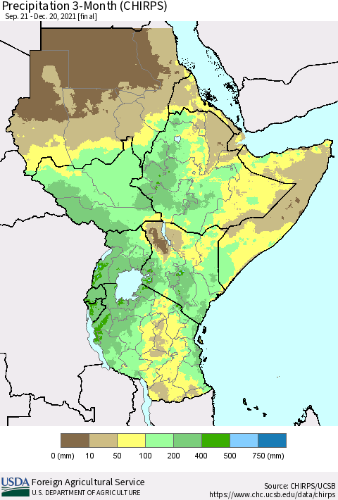 Eastern Africa Precipitation 3-Month (CHIRPS) Thematic Map For 9/21/2021 - 12/20/2021