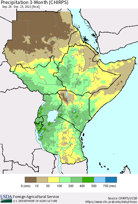 Eastern Africa Precipitation 3-Month (CHIRPS) Thematic Map For 9/26/2021 - 12/25/2021