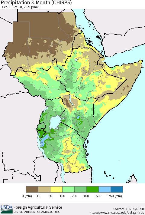 Eastern Africa Precipitation 3-Month (CHIRPS) Thematic Map For 10/1/2021 - 12/31/2021