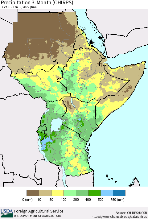 Eastern Africa Precipitation 3-Month (CHIRPS) Thematic Map For 10/6/2021 - 1/5/2022