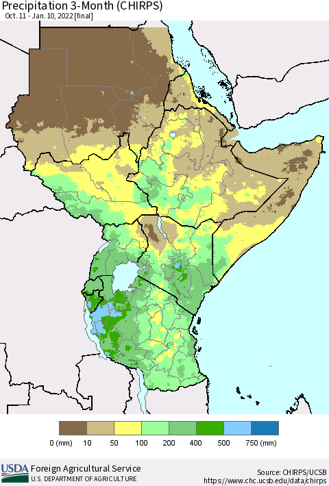Eastern Africa Precipitation 3-Month (CHIRPS) Thematic Map For 10/11/2021 - 1/10/2022