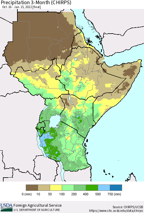 Eastern Africa Precipitation 3-Month (CHIRPS) Thematic Map For 10/16/2021 - 1/15/2022