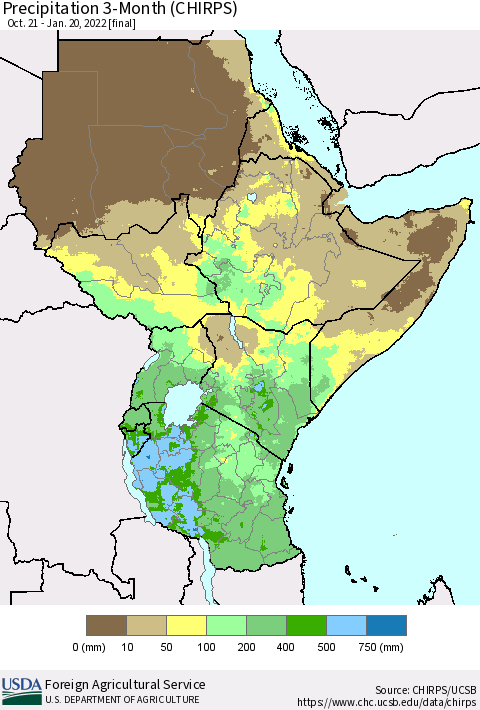 Eastern Africa Precipitation 3-Month (CHIRPS) Thematic Map For 10/21/2021 - 1/20/2022