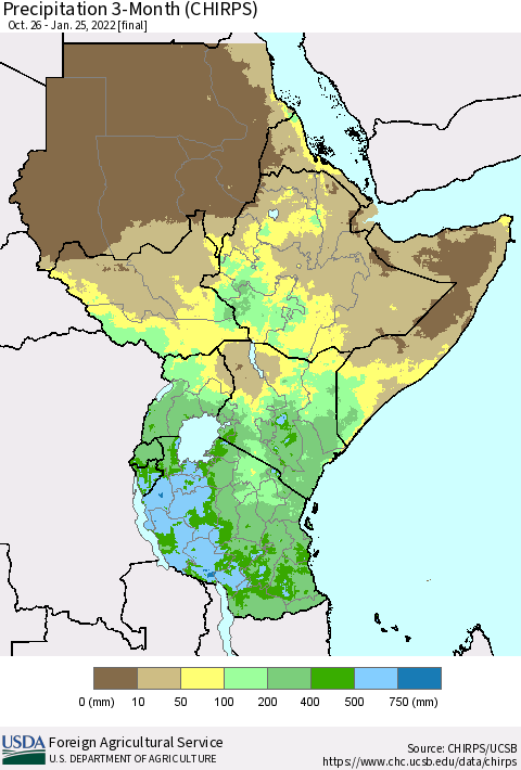 Eastern Africa Precipitation 3-Month (CHIRPS) Thematic Map For 10/26/2021 - 1/25/2022