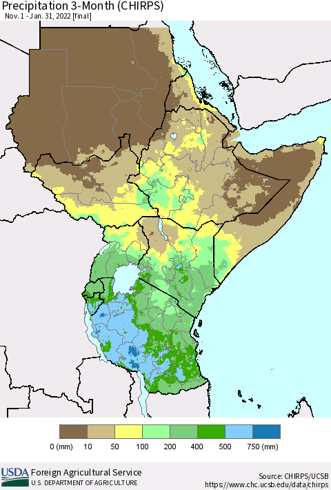 Eastern Africa Precipitation 3-Month (CHIRPS) Thematic Map For 11/1/2021 - 1/31/2022