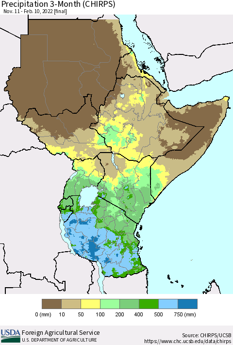 Eastern Africa Precipitation 3-Month (CHIRPS) Thematic Map For 11/11/2021 - 2/10/2022