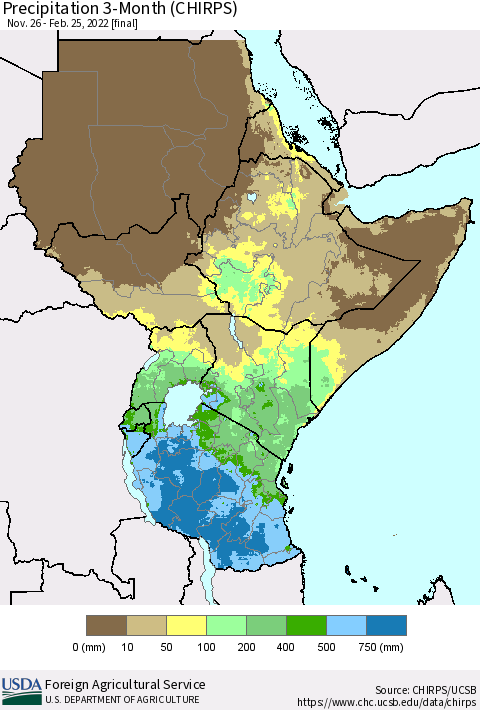Eastern Africa Precipitation 3-Month (CHIRPS) Thematic Map For 11/26/2021 - 2/25/2022