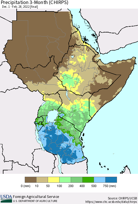 Eastern Africa Precipitation 3-Month (CHIRPS) Thematic Map For 12/1/2021 - 2/28/2022